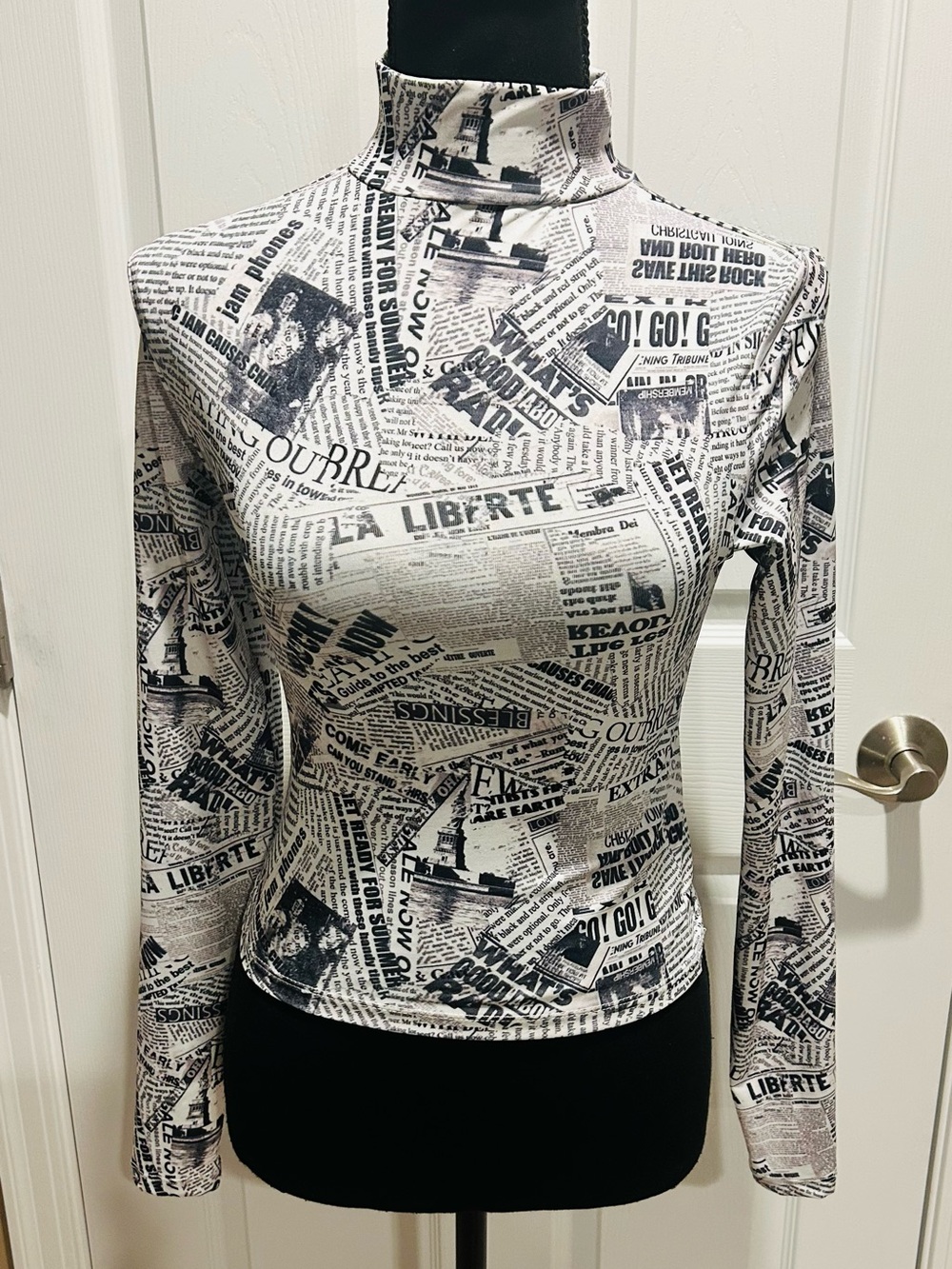 Topshop Black & White Newspaper Print Mock Neck Long Sleeve Top